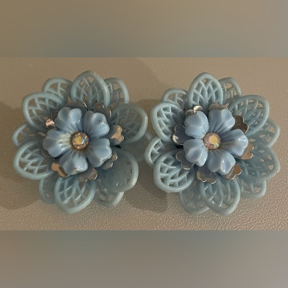 Vintage Jewelry - Vintage Coro Light Blue Plastic Floral Earrings with Center Crystal Signed